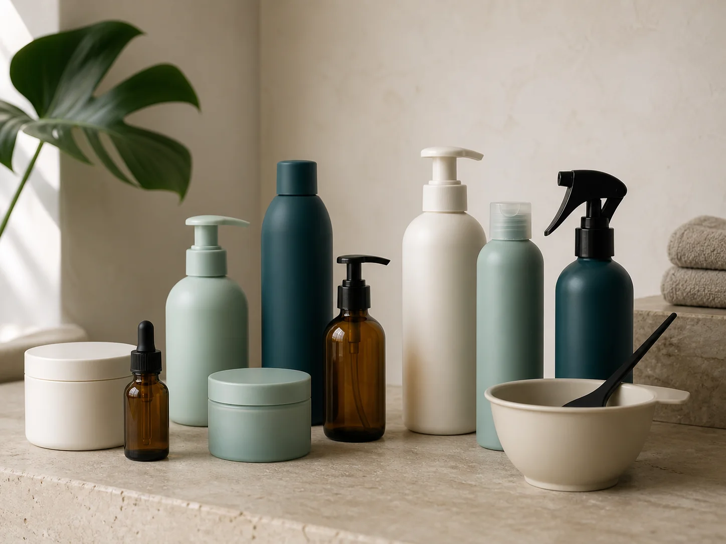 Generic unbranded professional hair-product containers arranged on a salon work surface