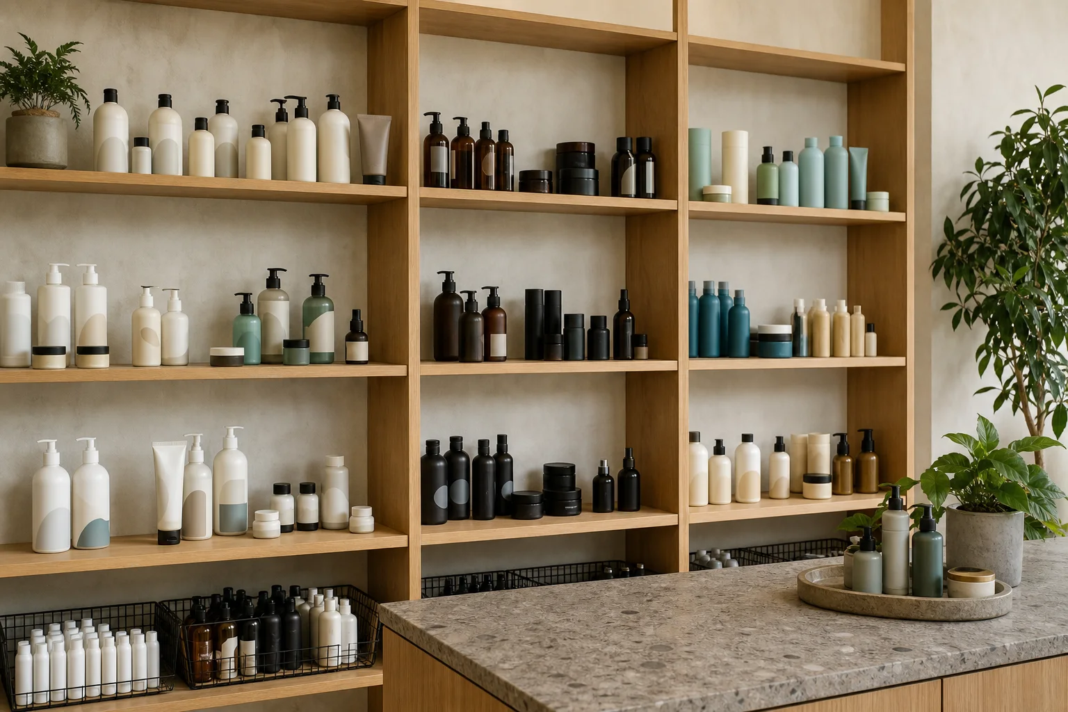 Organized shelves of generic professional hair-product containers in a wholesale supply workspace